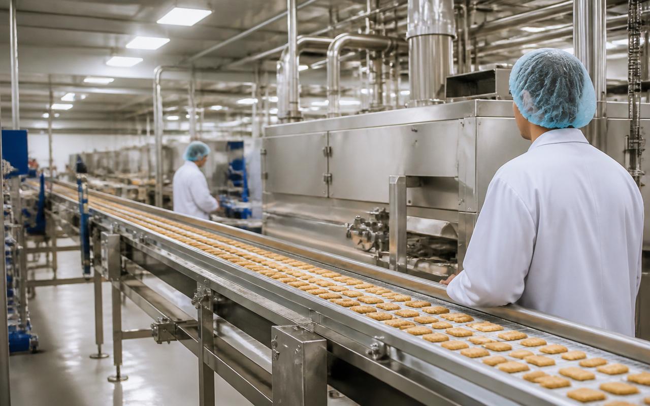 Automated snack production line visualized with glowing blue process-flow lines and efficiency gauges.
