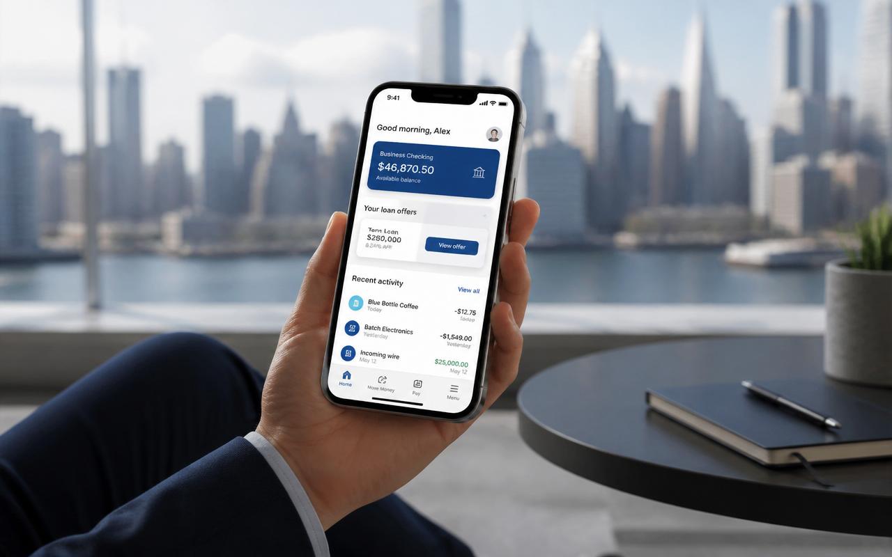 Sleek mobile lending app interface over a nighttime NYC skyline with glowing blue trust and security motifs.