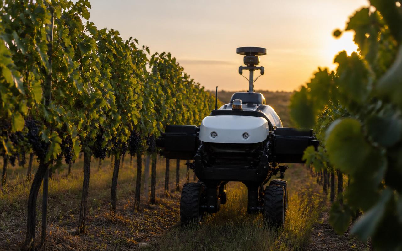 Autonomous viticulture robot scanning vineyard rows at dusk with glowing blue data lines and an upward revenue growth curve.